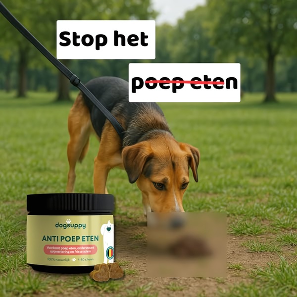 A static square ad featuring a dog on a leash next to a blurred-out waste pile, showcasing a supplement jar designed to prevent the behavior.